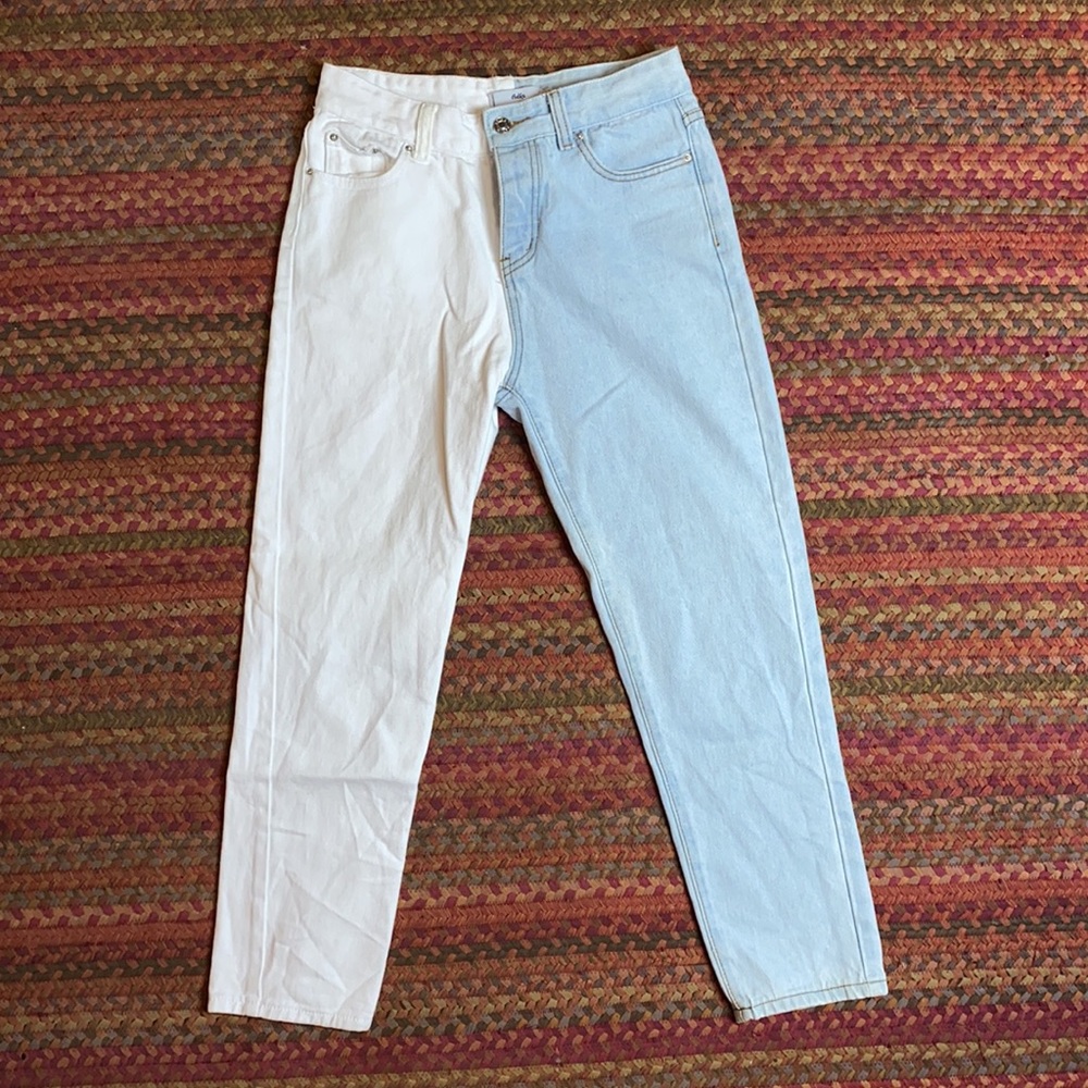 TWO TONE MID RISE SKINNY JEANS